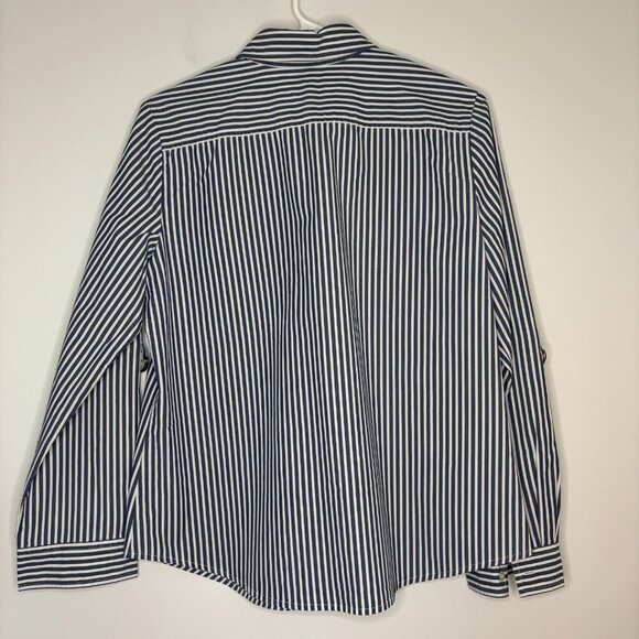 CHICOS Size 1 Button Up Collared Shirt Striped Roll Tab Sleeve Stretch Business - Picture 4 of 4